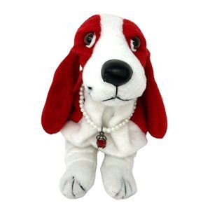 Birthstone Bassets January Red Plush Dog Pearl Necklace Red Stone Stuffed Animal